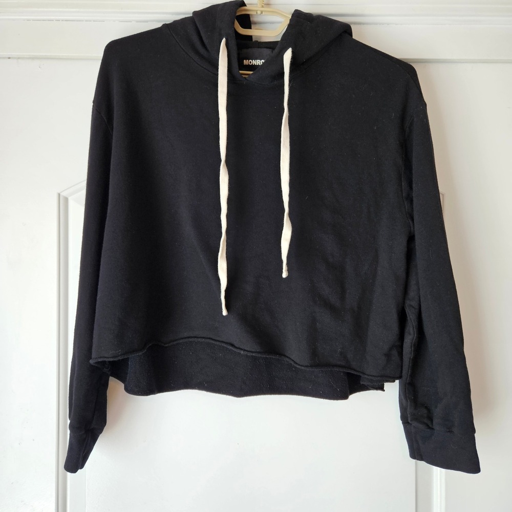 Monrow Womens Black Cropped Raw Hem Hoodie Sweatshirt Womens Large Streetwear